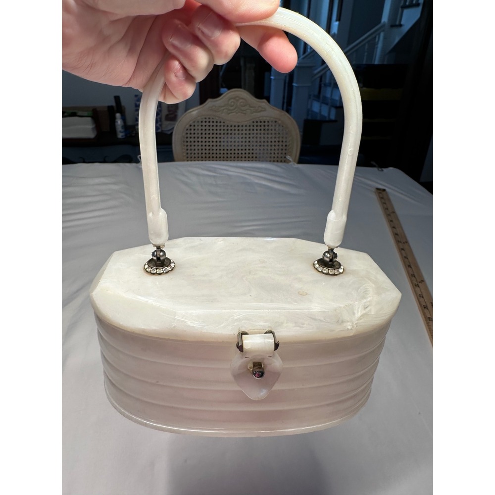 Vintage 1950s Pearlescent White Lucite Box Bag Etched Floral Lid Rhinestone MCM